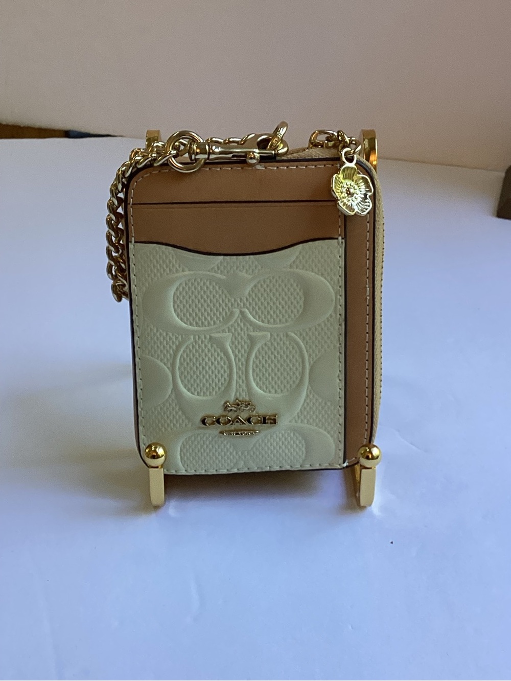 Coach Two-Tone Leather Card Holder key or purse- Cream & Tan gold tone NEW NWT